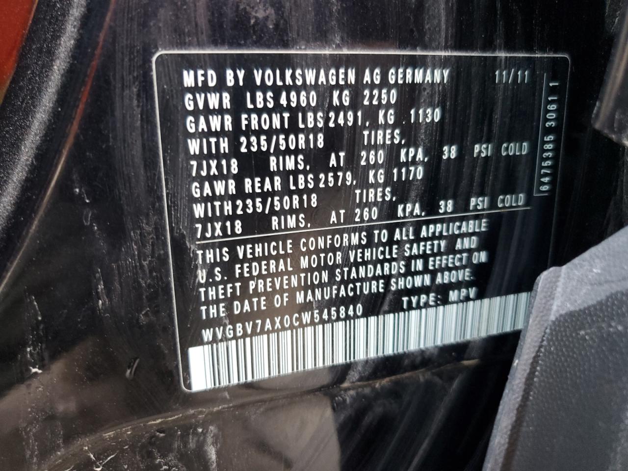 0LDL0T68716784 2012 Volkswagen Tiguan Se