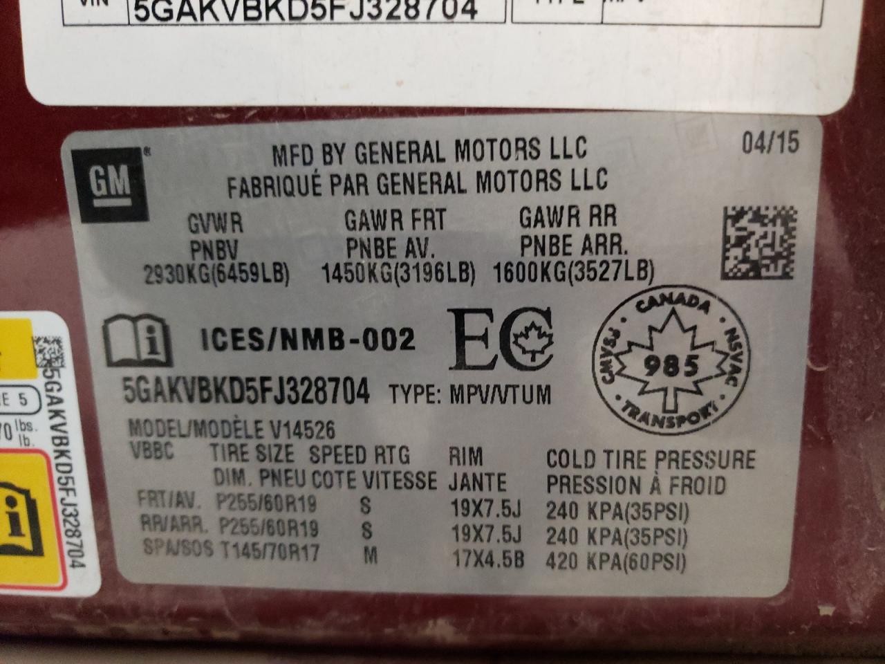 5GAKVBKD5FJ328704 2015 Buick Enclave