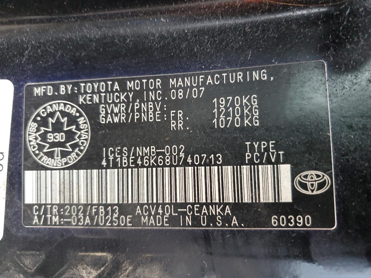 4T1BE46K68U740713 2008 Toyota Camry Ce