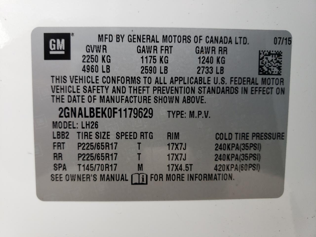 2GNALBEK0F1179629 2015 Chevrolet Equinox Lt