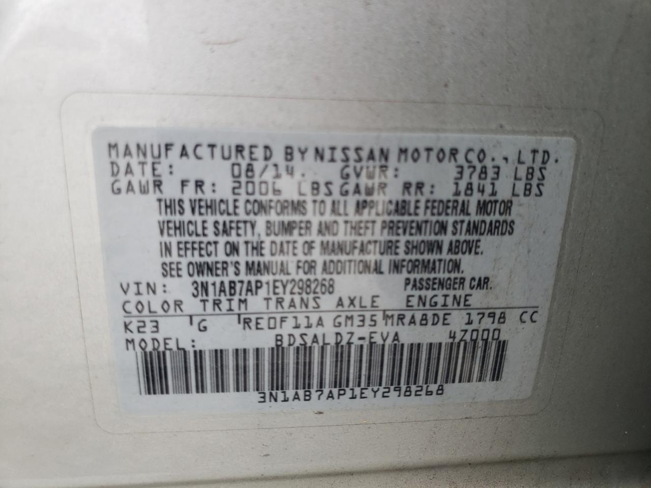 3N1AB7AP1EY298268 2014 Nissan Sentra S