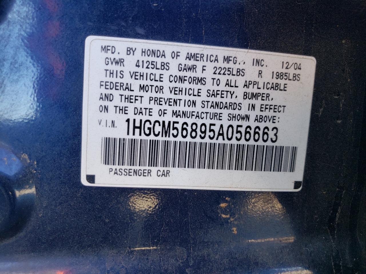 1HGCM56895A056663 2005 Honda Accord Ex