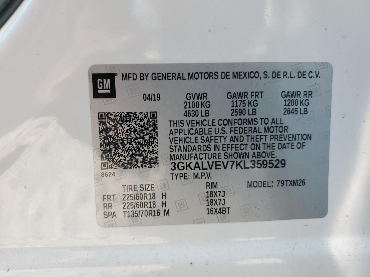 3GKALVEV7KL359529 2019 GMC Terrain Slt