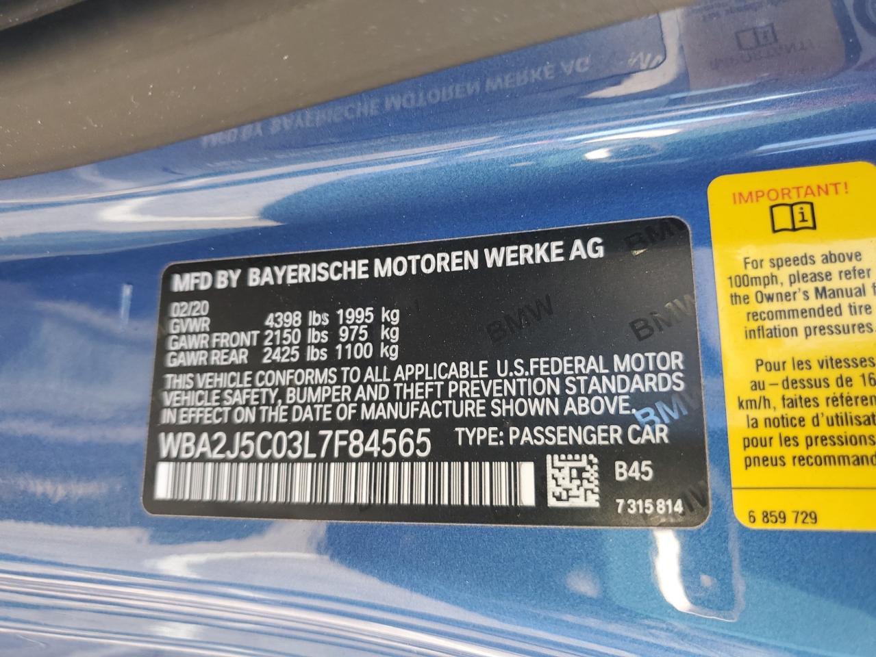 2020 BMW M240I VIN: WBA2J5C03L7F84565 Lot: 70721044