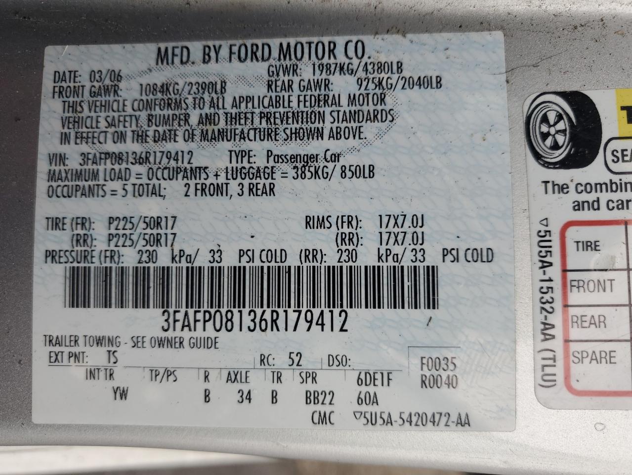 2006 Ford Fusion Sel VIN: 3FAFP08136R179412 Lot: 69895494