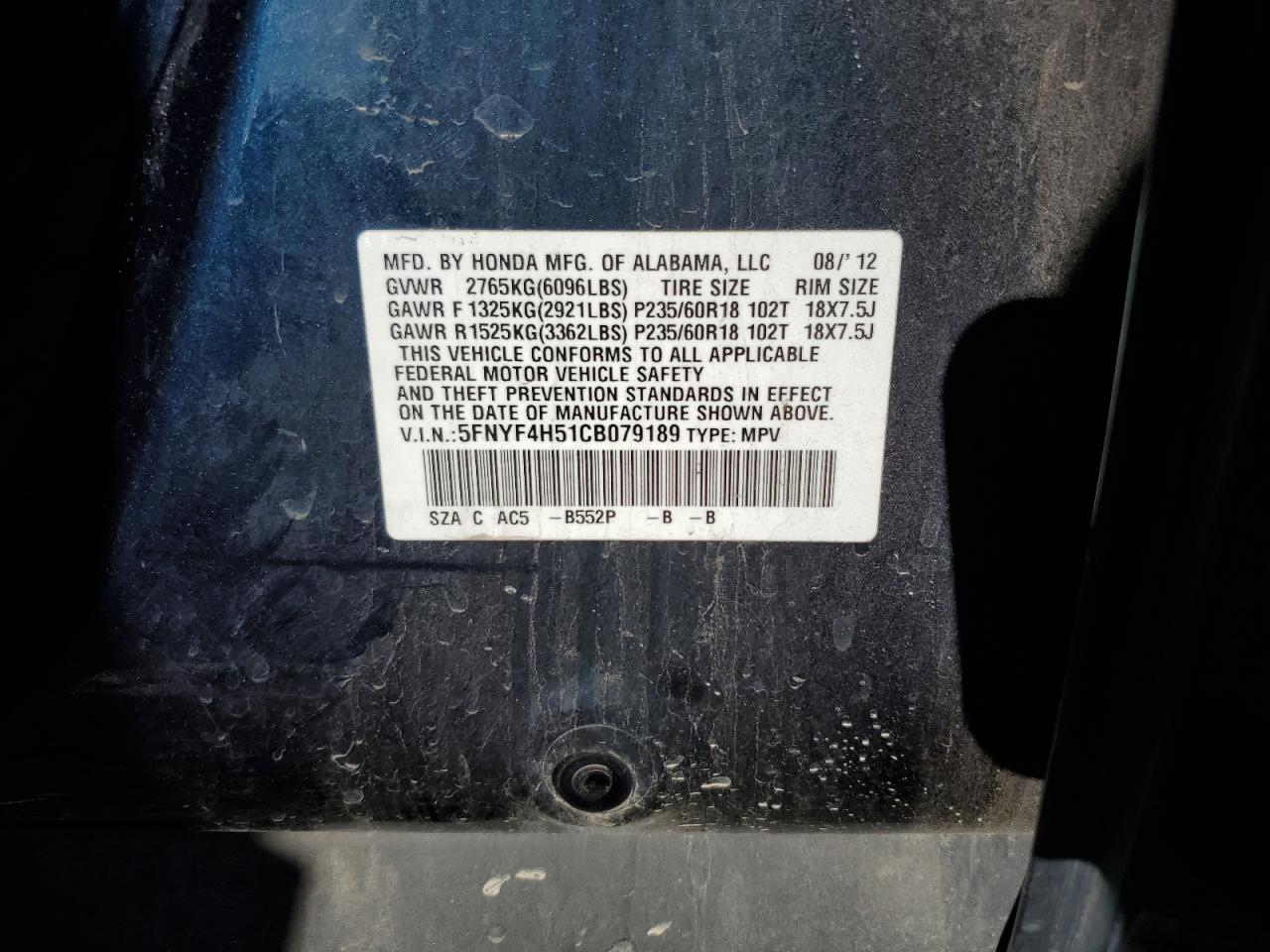 5FNYF4H51CB079189 2012 Honda Pilot Exl