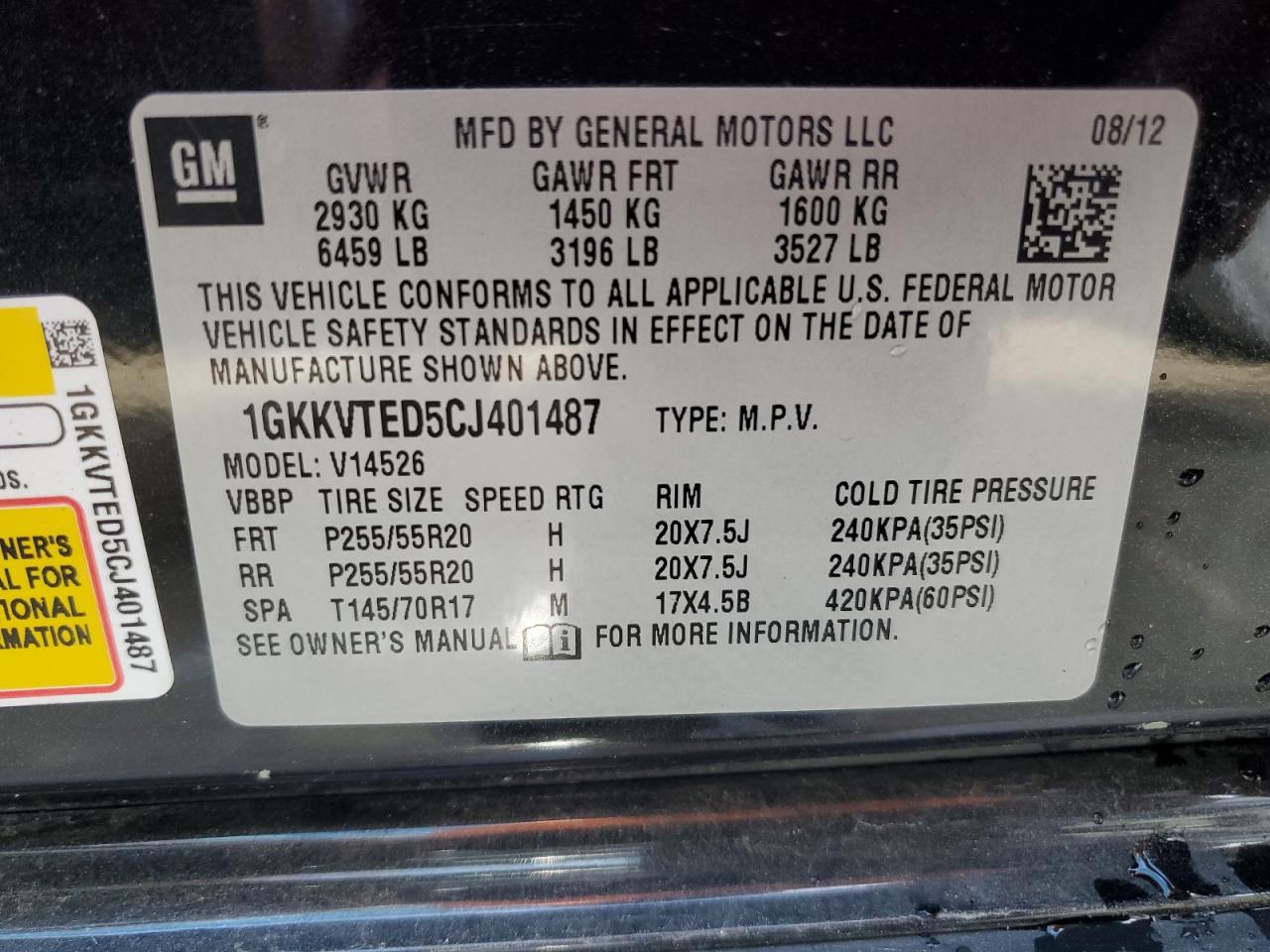 2012 GMC Acadia Denali VIN: 1GKKVTED5CJ401487 Lot: 71599804