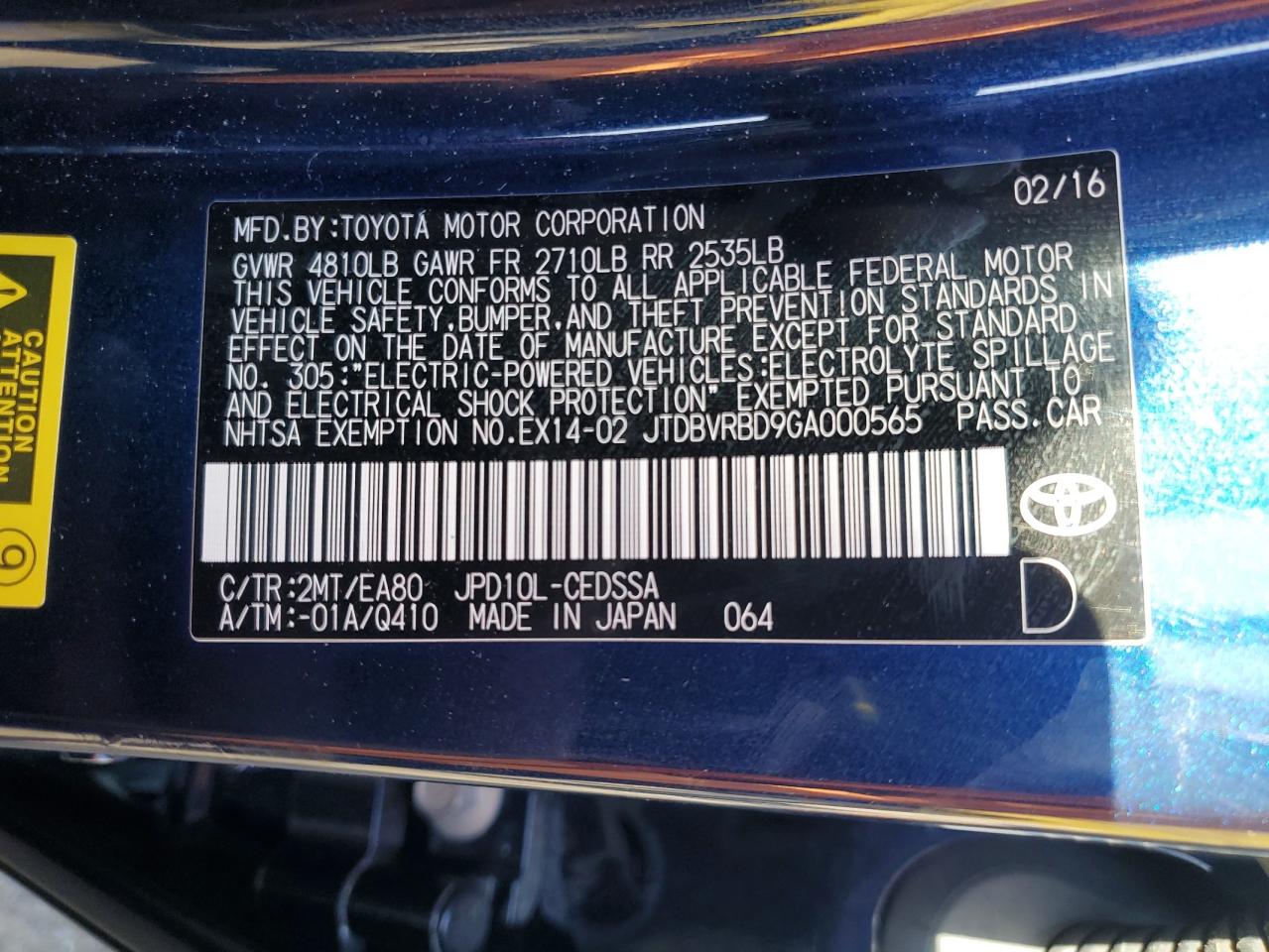 2016 Toyota Mirai VIN: JTDBVRBD9GA000565 Lot: 73103234