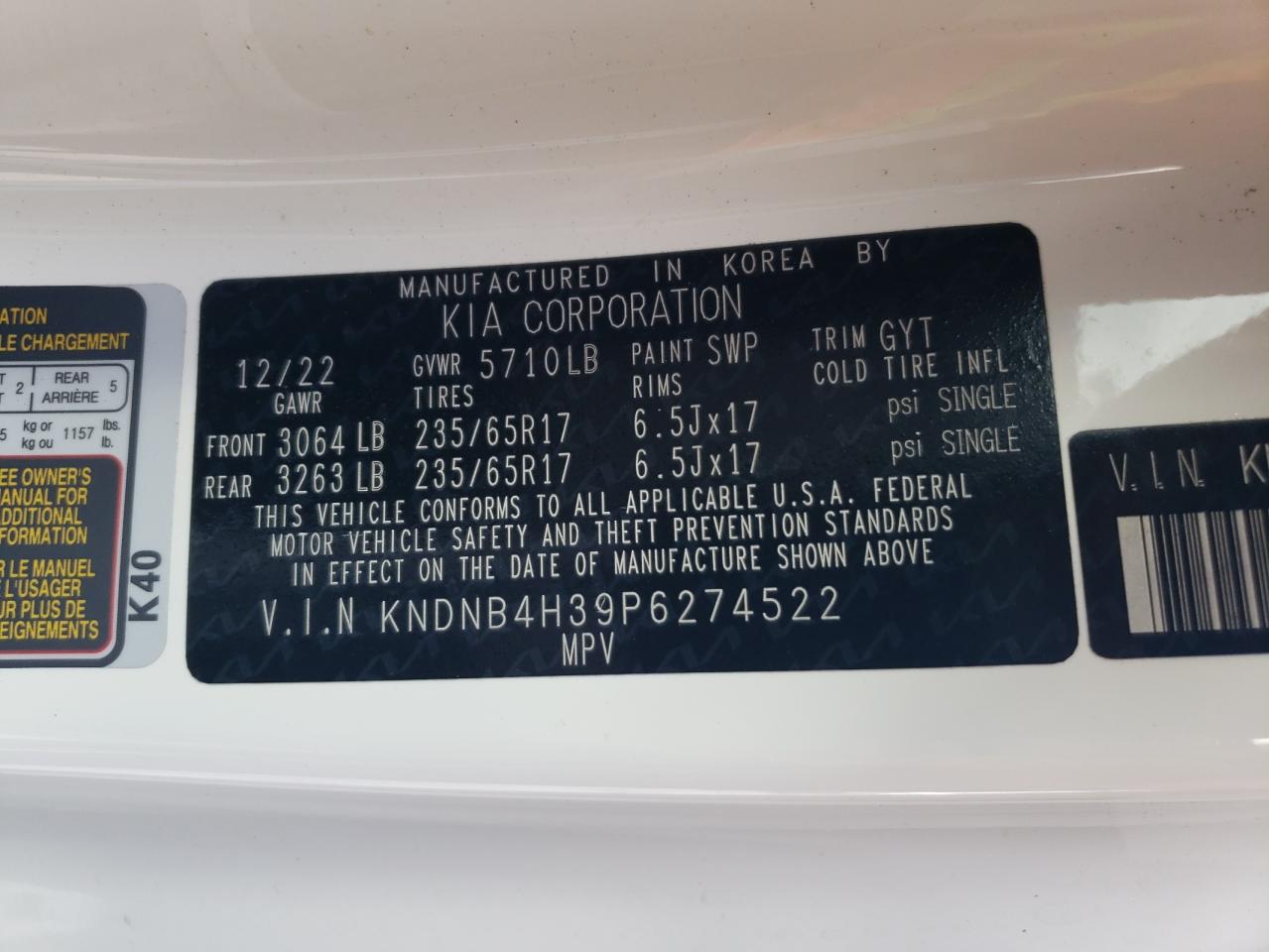 2023 Kia Carnival Lx VIN: KNDNB4H39P6274522 Lot: 71017644