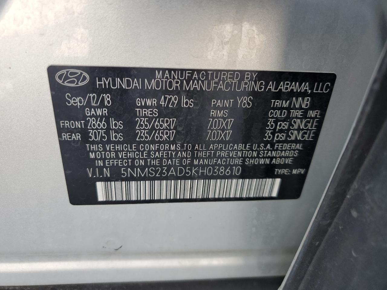 5NMS23AD5KH038610 2019 Hyundai Santa Fe