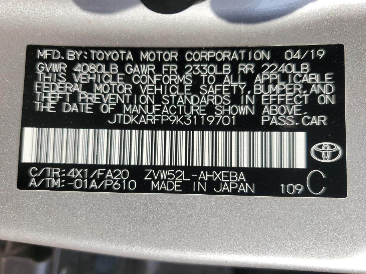 JTDKARFP9K3119701 2019 Toyota Prius Prime