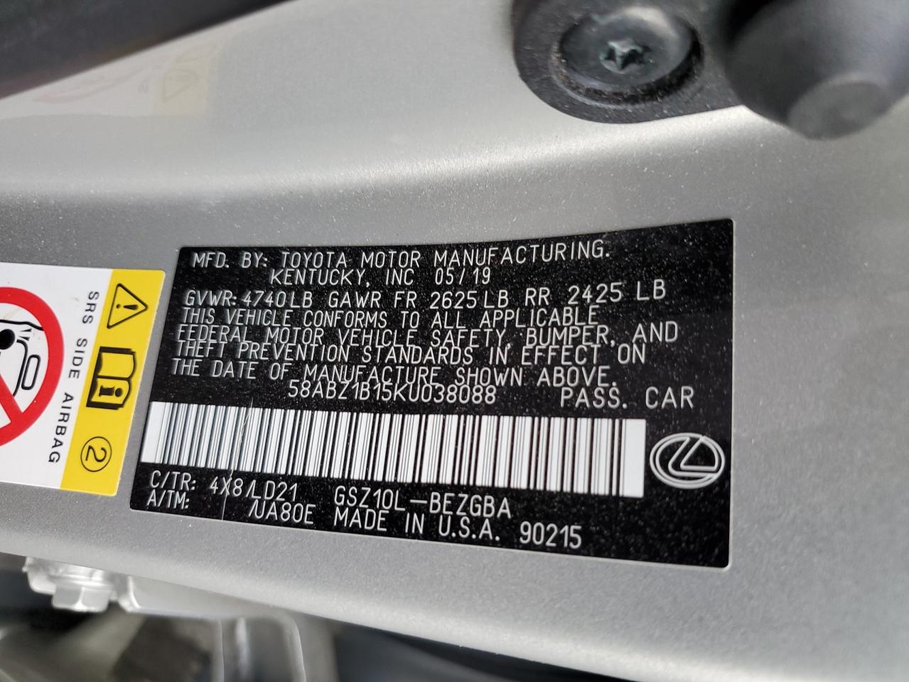 58ABZ1B15KU038088 2019 Lexus Es 350