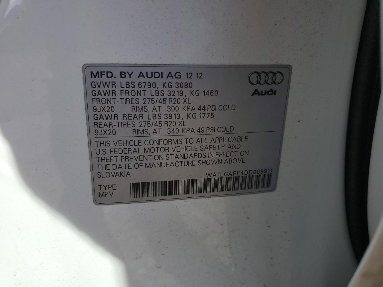 WA1LGAFE4DD009911 2013 Audi Q7 Premium Plus