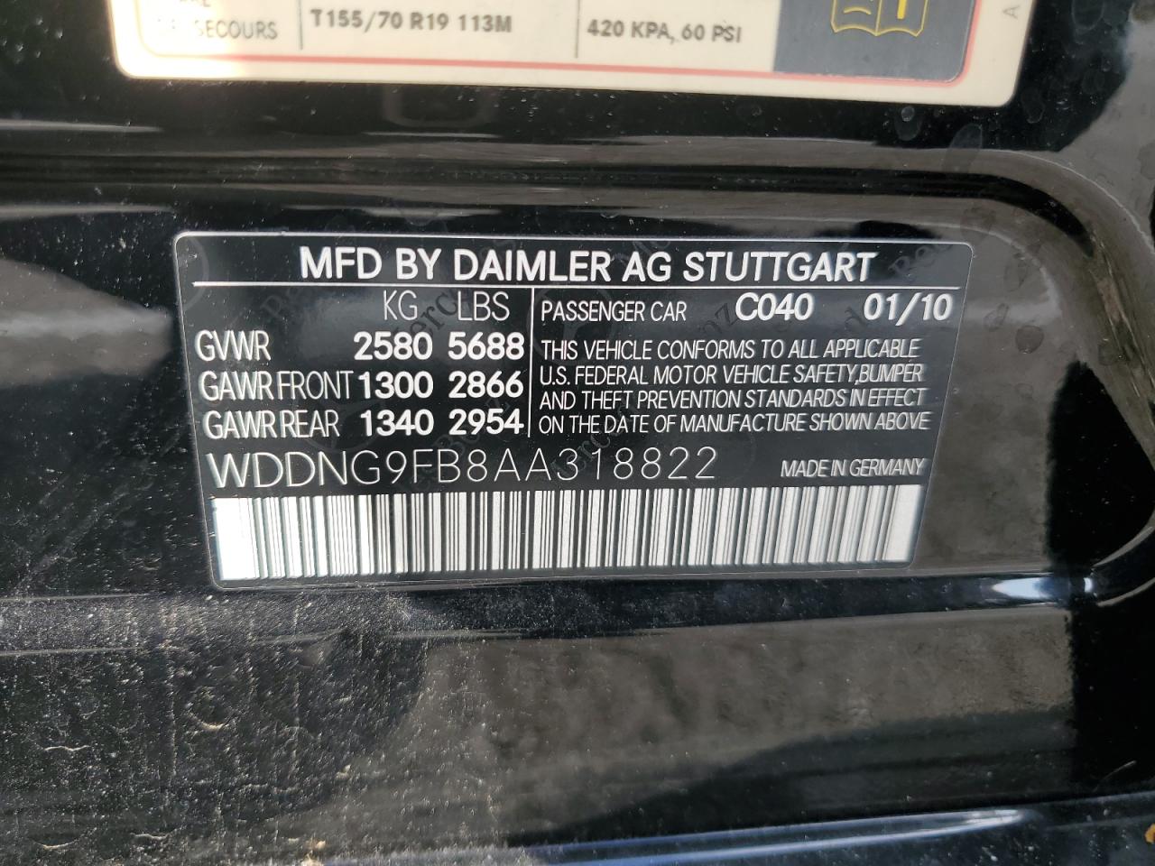 WDDNG9FB8AA318822 2010 Mercedes-Benz S 400