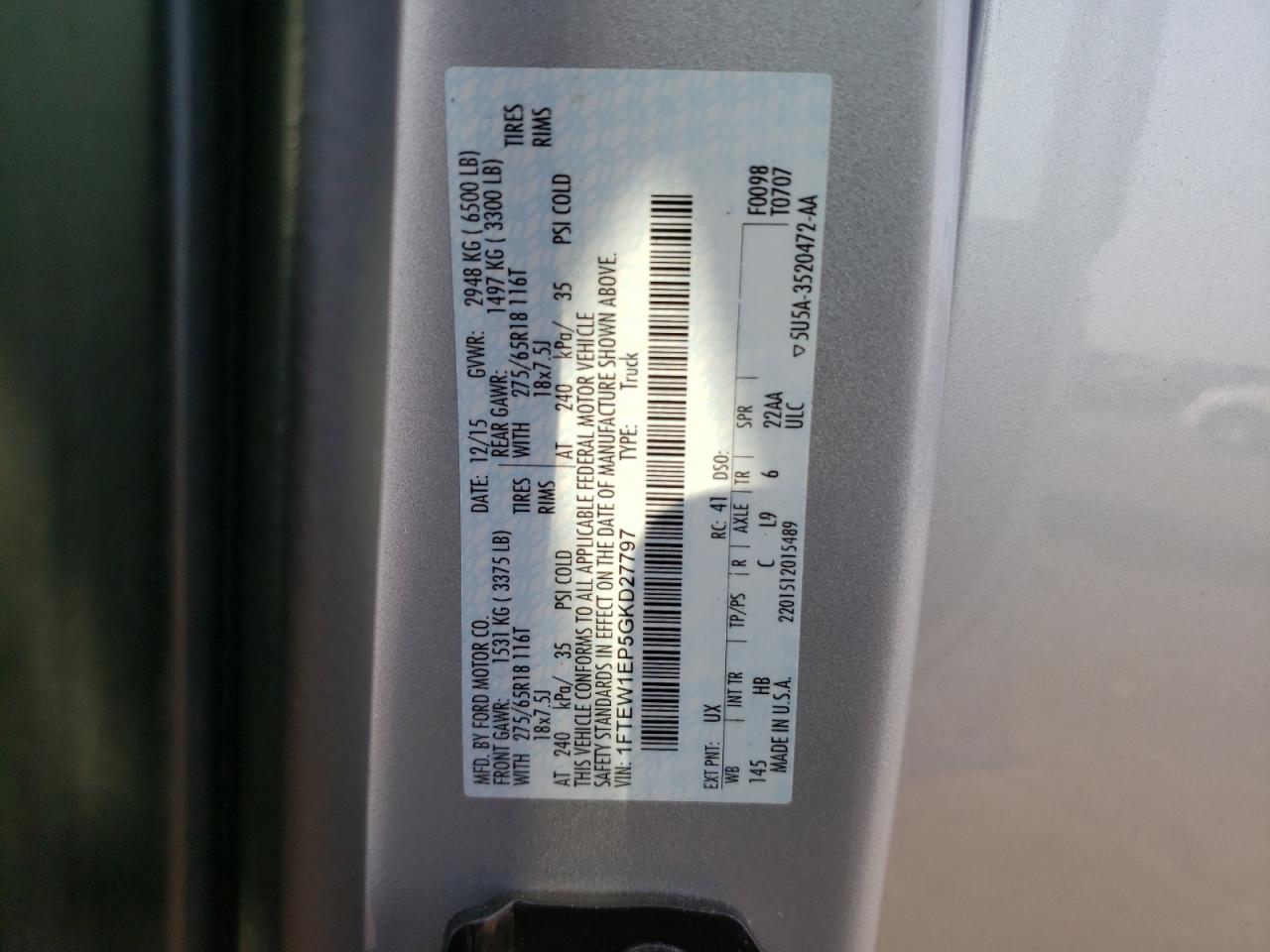 2016 Ford F150 Supercrew VIN: 1FTEW1EP5GKD27797 Lot: 71075744