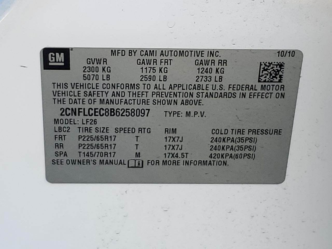 2CNFLCEC8B6258097 2011 Chevrolet Equinox Ls