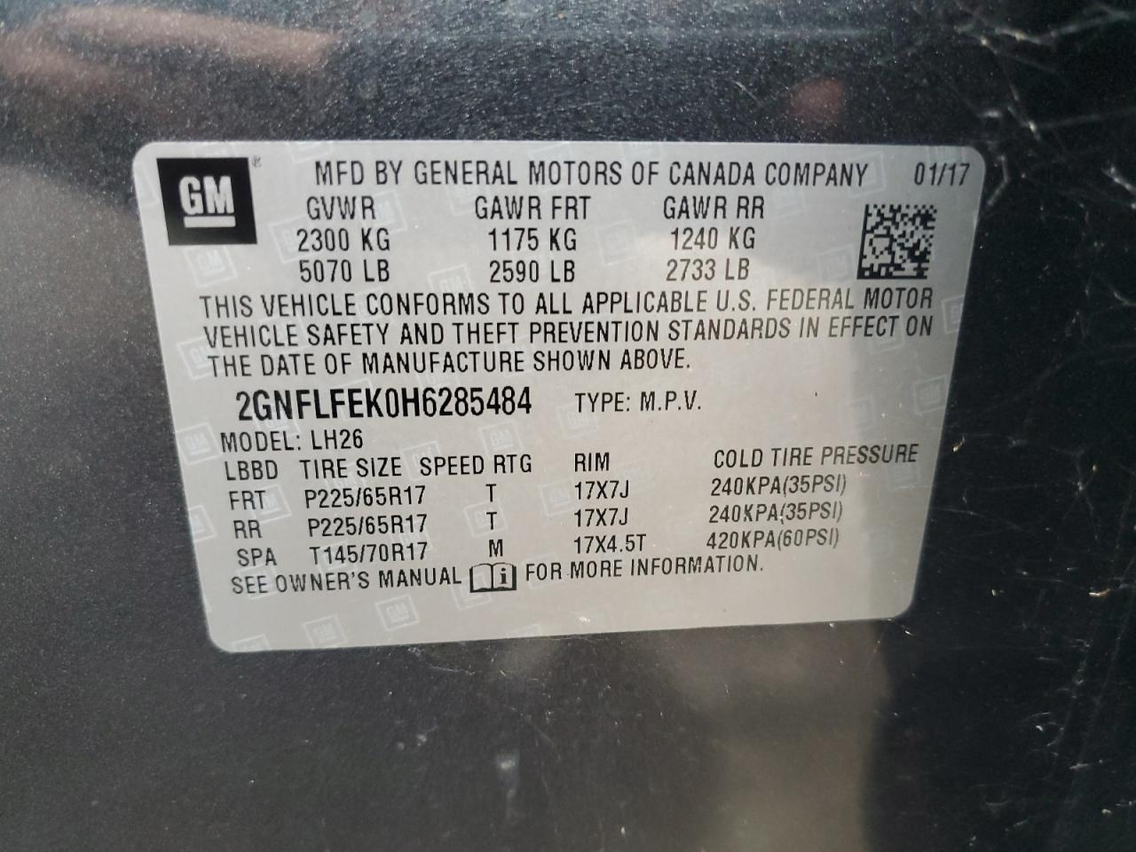 2GNFLFEK0H6285484 2017 Chevrolet Equinox Lt