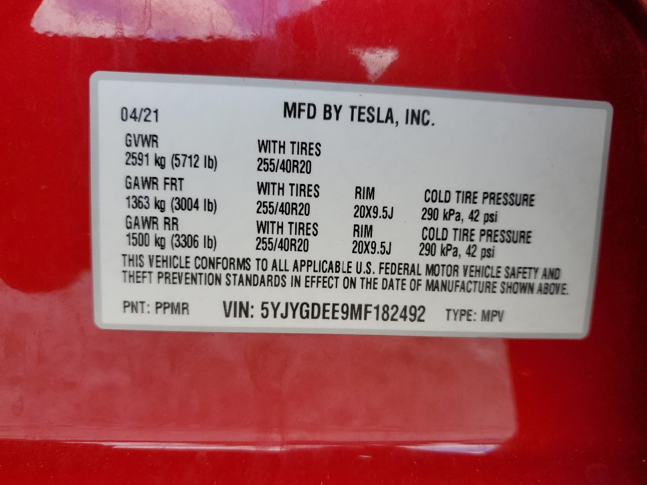 2021 Tesla Model Y VIN: 5YJYGDEE9MF182492 Lot: 72678534