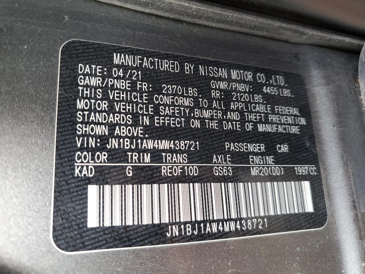 2021 Nissan Rogue Sport S VIN: JN1BJ1AW4MW438721 Lot: 70973374