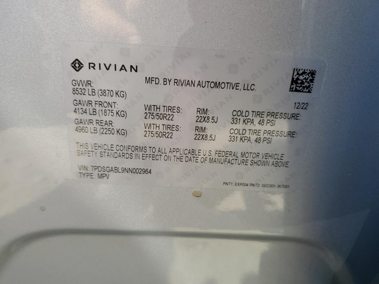 2022 Rivian R1S Launch Edition VIN: 7PDSGABL9NN002964 Lot: 70295704