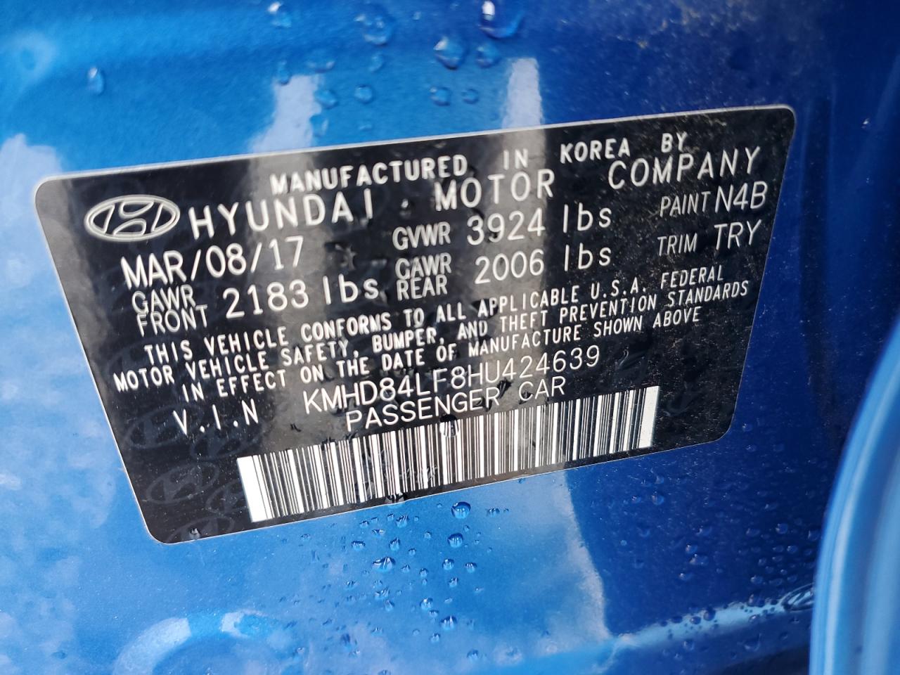 KMHD84LF8HU424639 2017 Hyundai Elantra Se