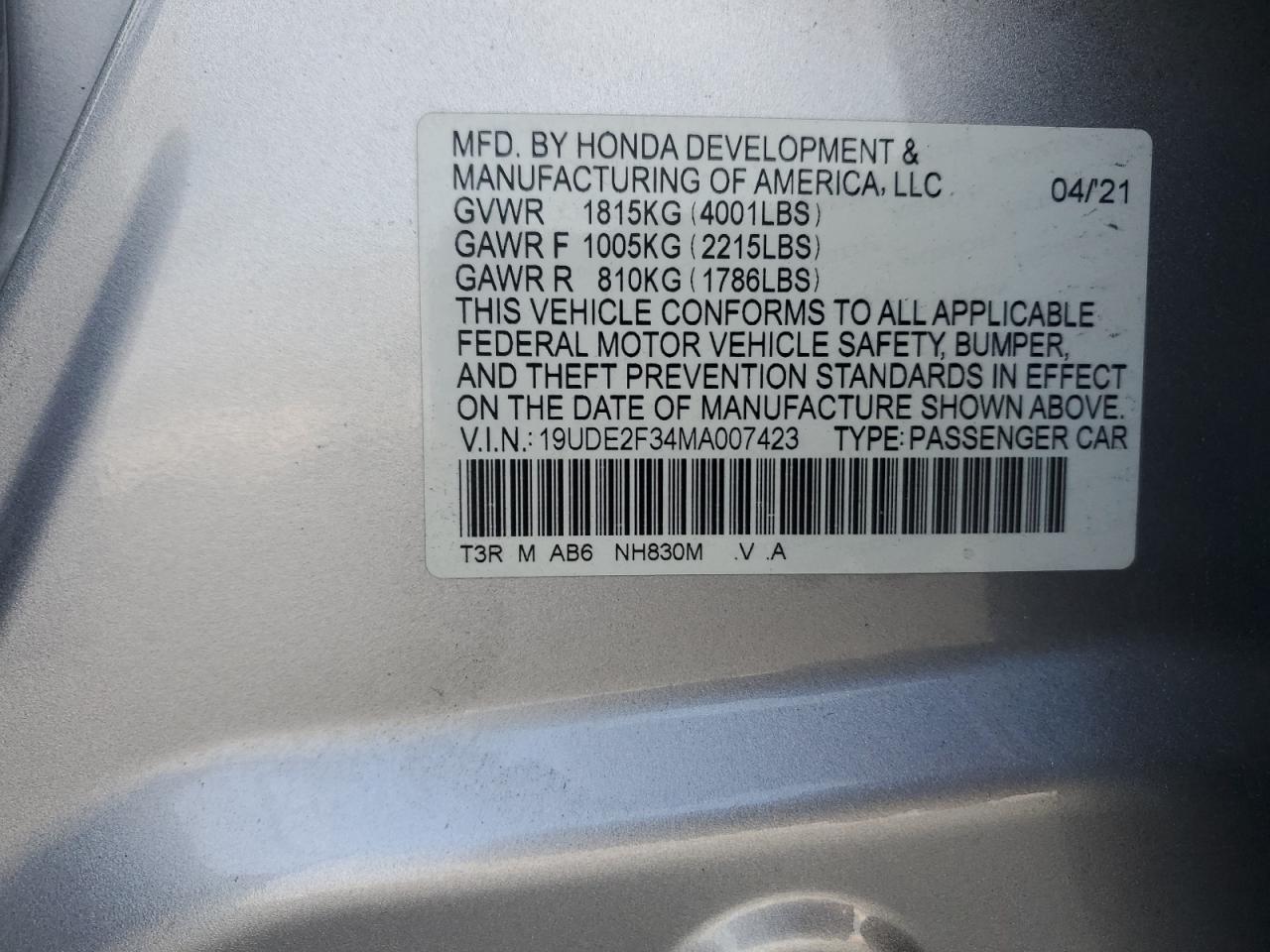 19UDE2F34MA007423 2021 Acura Ilx