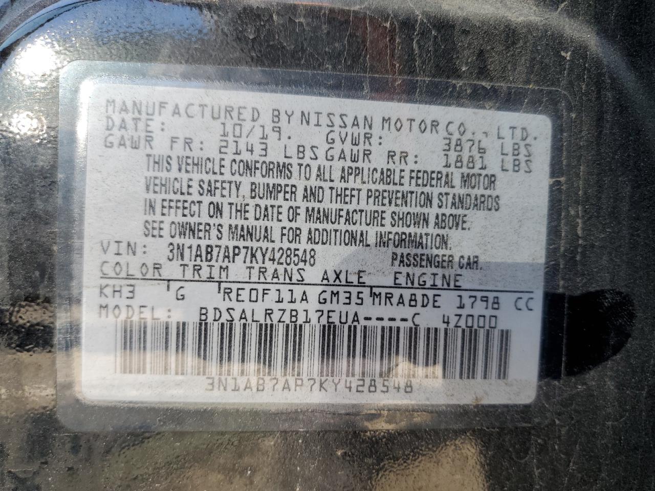 3N1AB7AP7KY428548 2019 Nissan Sentra S