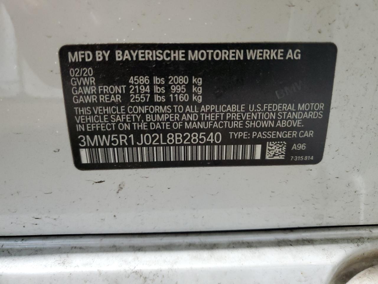 3MW5R1J02L8B28540 2020 BMW 330I