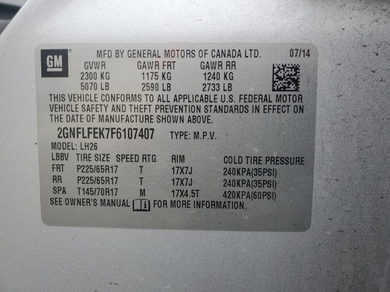 2GNFLFEK7F6107407 2015 Chevrolet Equinox Lt