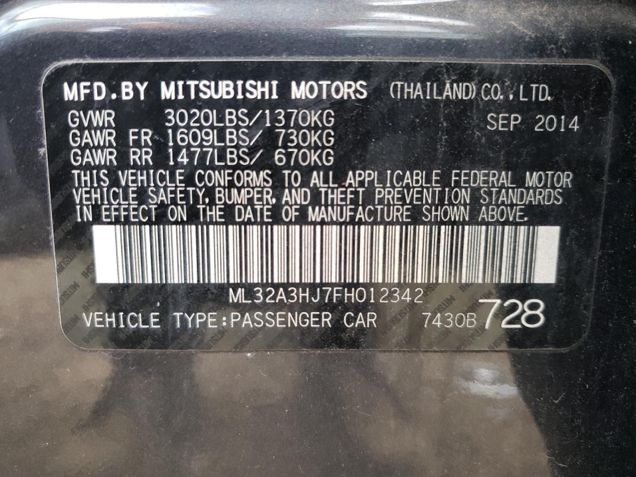 2015 Mitsubishi Mirage De VIN: ML32A3HJ7FH012342 Lot: 70177774