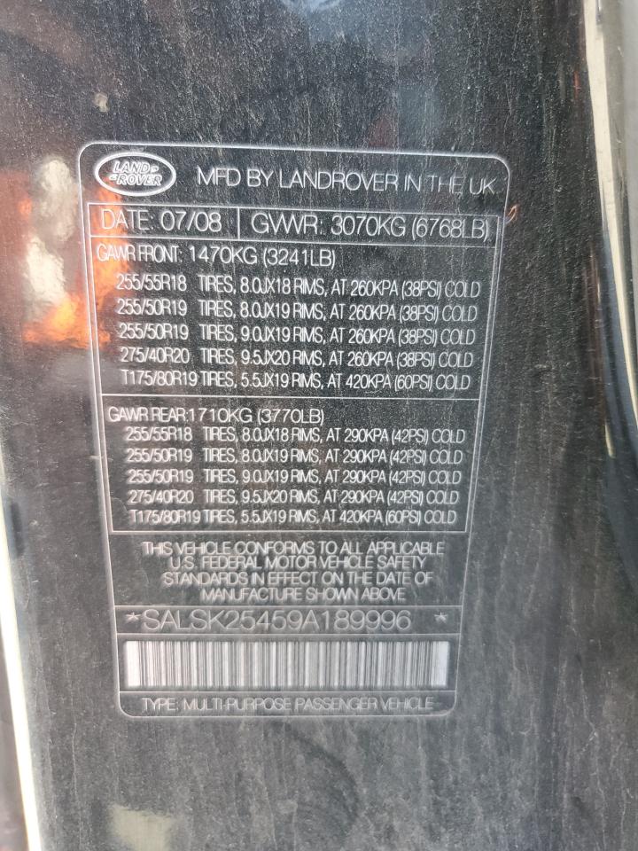 2009 Land Rover Range Rover Sport Hse VIN: SALSK25459A189996 Lot: 73847014