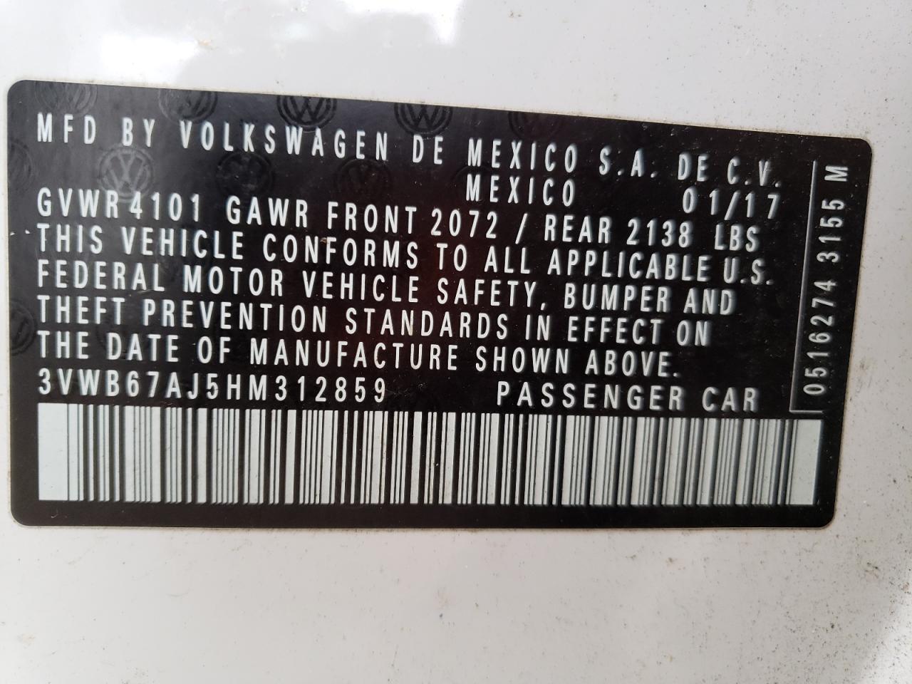 3VWB67AJ5HM312859 2017 Volkswagen Jetta Se