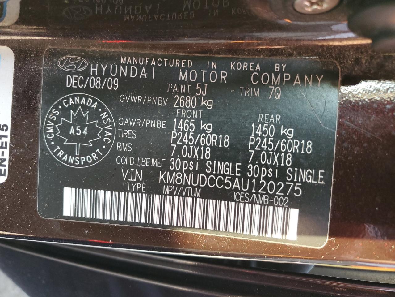 KM8NUDCC5AU120275 2010 Hyundai Veracruz Gls