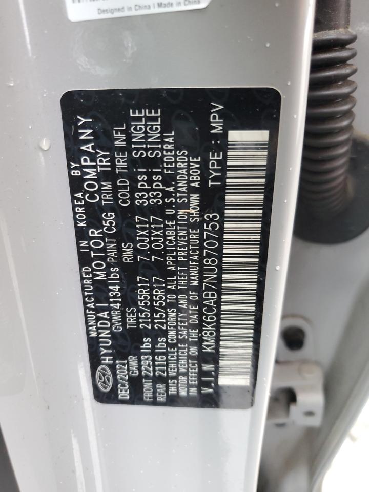 2022 Hyundai Kona Sel VIN: KM8K6CAB7NU870753 Lot: 73214214