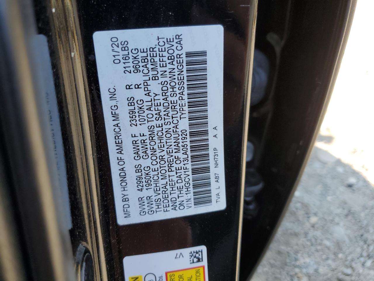 2020 Honda Accord Lx VIN: 1HGCV1F13LA051920 Lot: 71234614