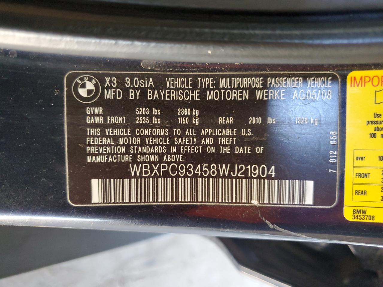 2008 BMW X3 3.0Si VIN: WBXPC93458WJ21904 Lot: 73120784