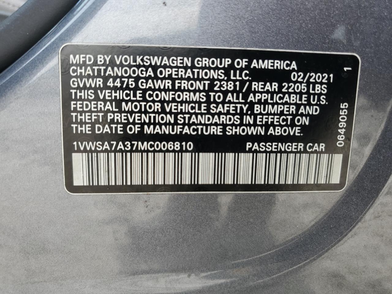 1VWSA7A37MC006810 2021 Volkswagen Passat Se