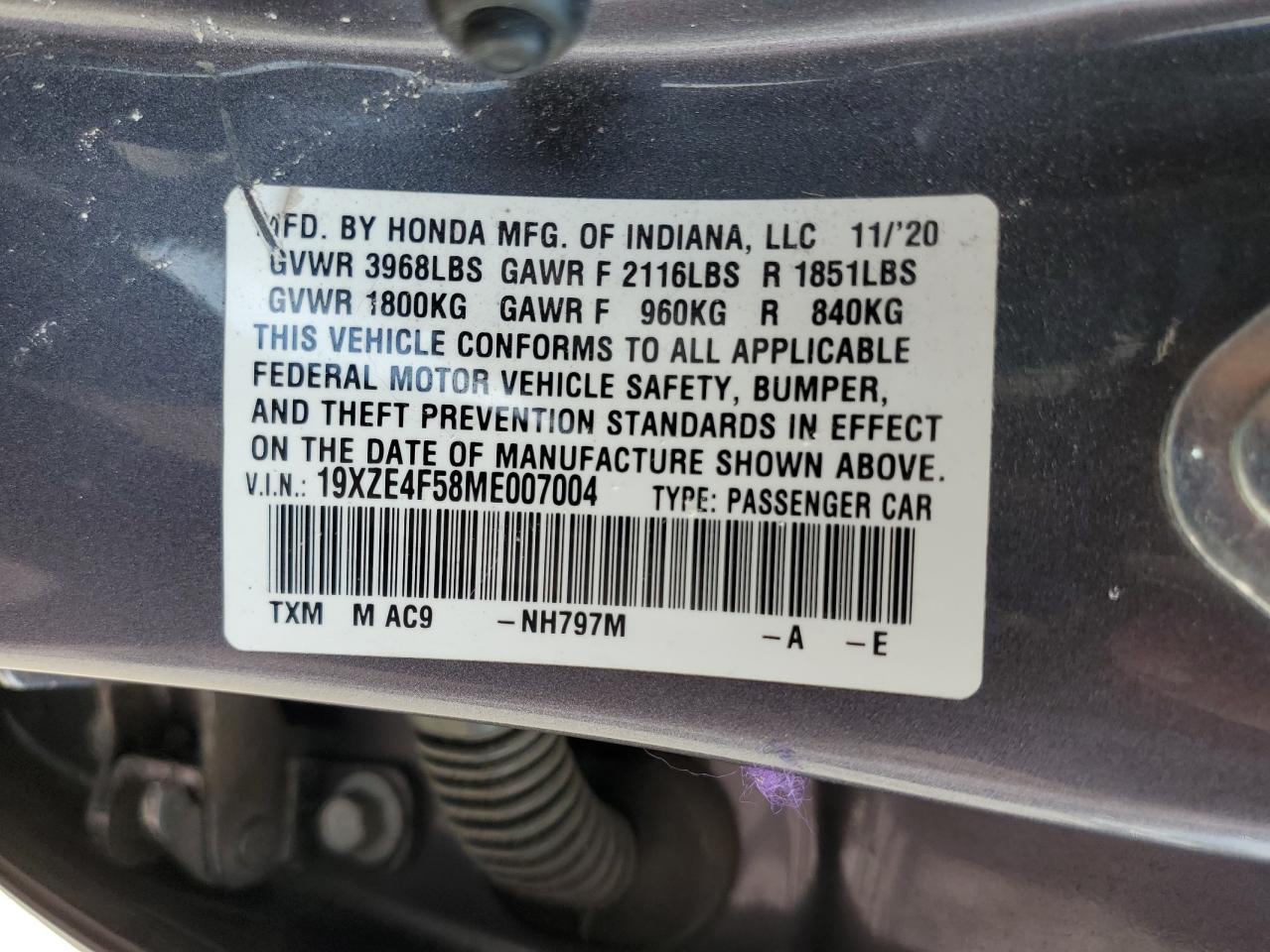 2021 Honda Insight Ex VIN: 19XZE4F58ME007004 Lot: 70496694