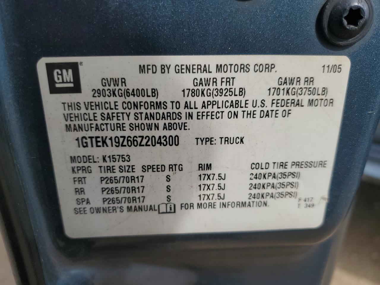 1GTEK19Z66Z204300 2006 GMC New Sierra K1500