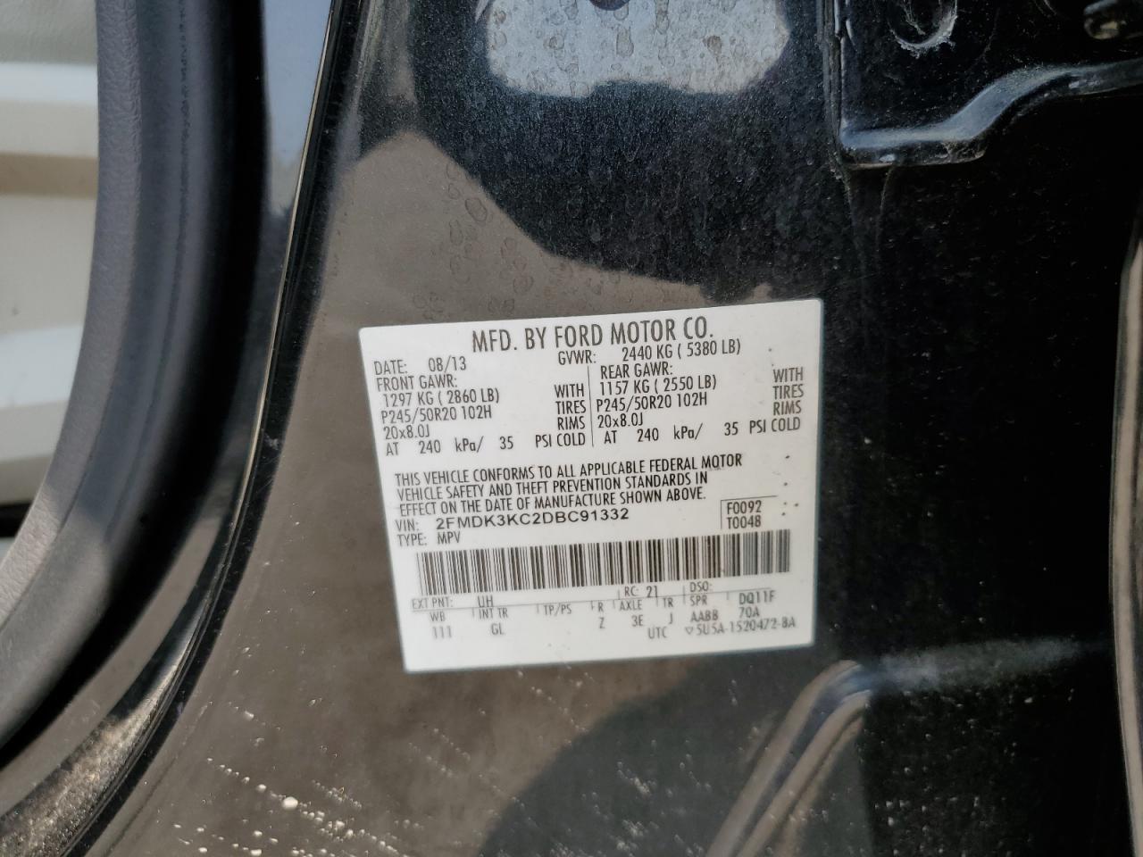 2013 Ford Edge Limited VIN: 2FMDK3KC2DBC91332 Lot: 71029024