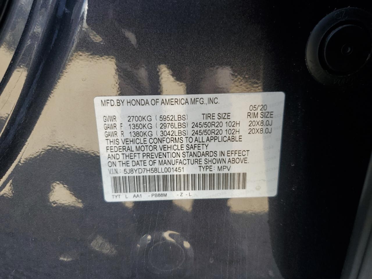 2020 Acura Mdx Sport Hybrid Technology VIN: 5J8YD7H58LL001451 Lot: 69952674