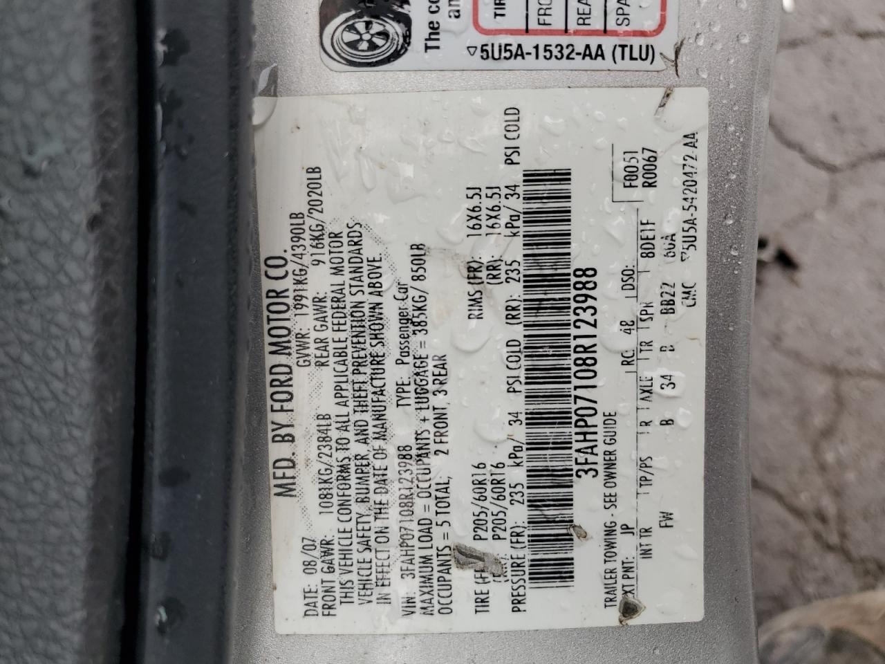 3FAHP07108R123988 2008 Ford Fusion Se