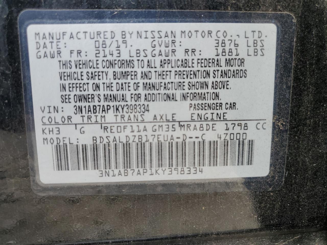 3N1AB7AP1KY398334 2019 Nissan Sentra S