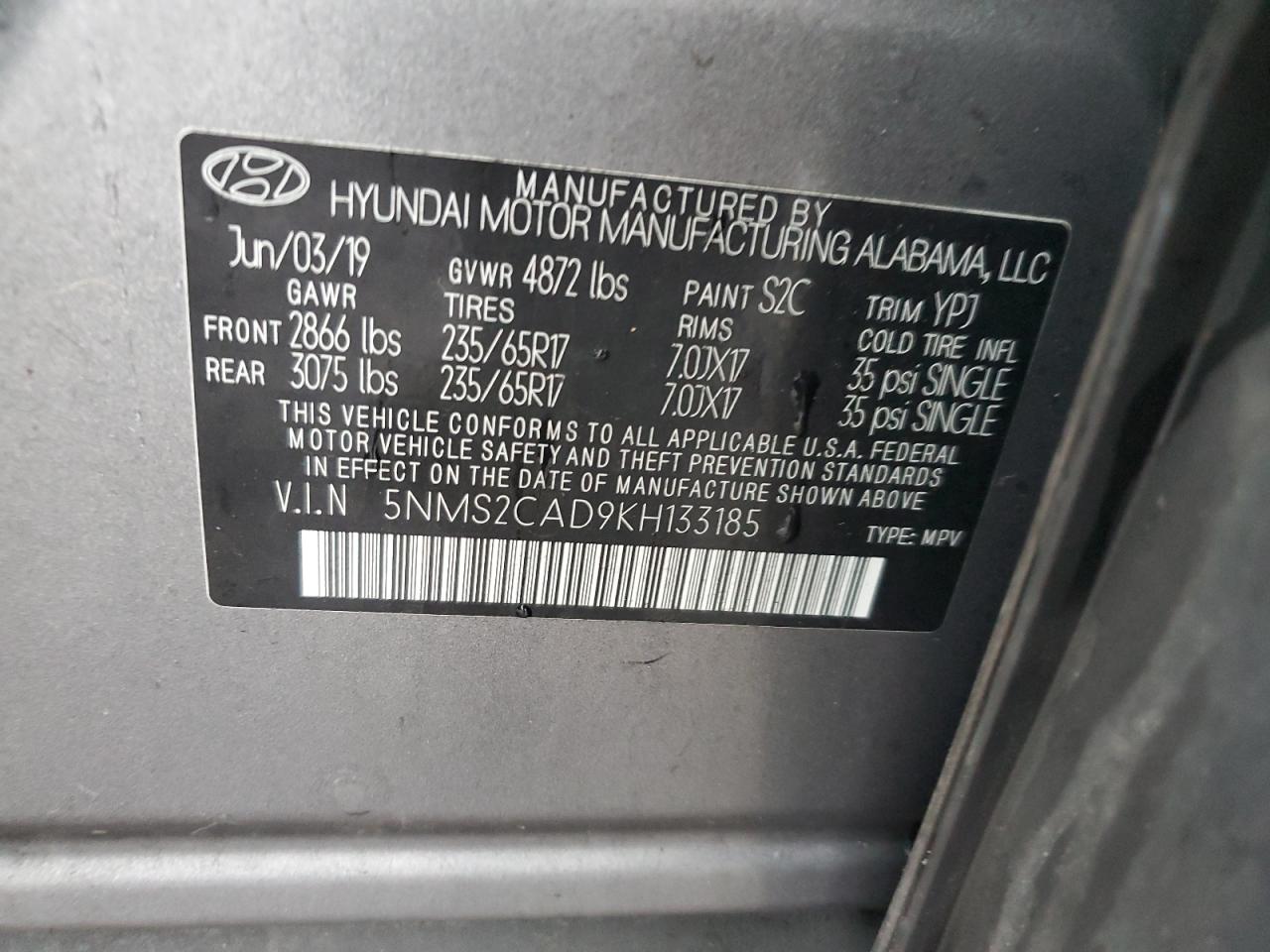 5NMS2CAD9KH133185 2019 Hyundai Santa Fe Se