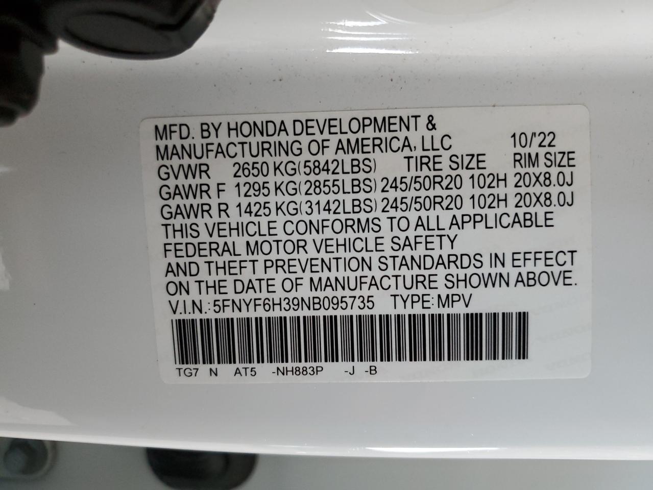 5FNYF6H39NB095735 2022 Honda Pilot Sport