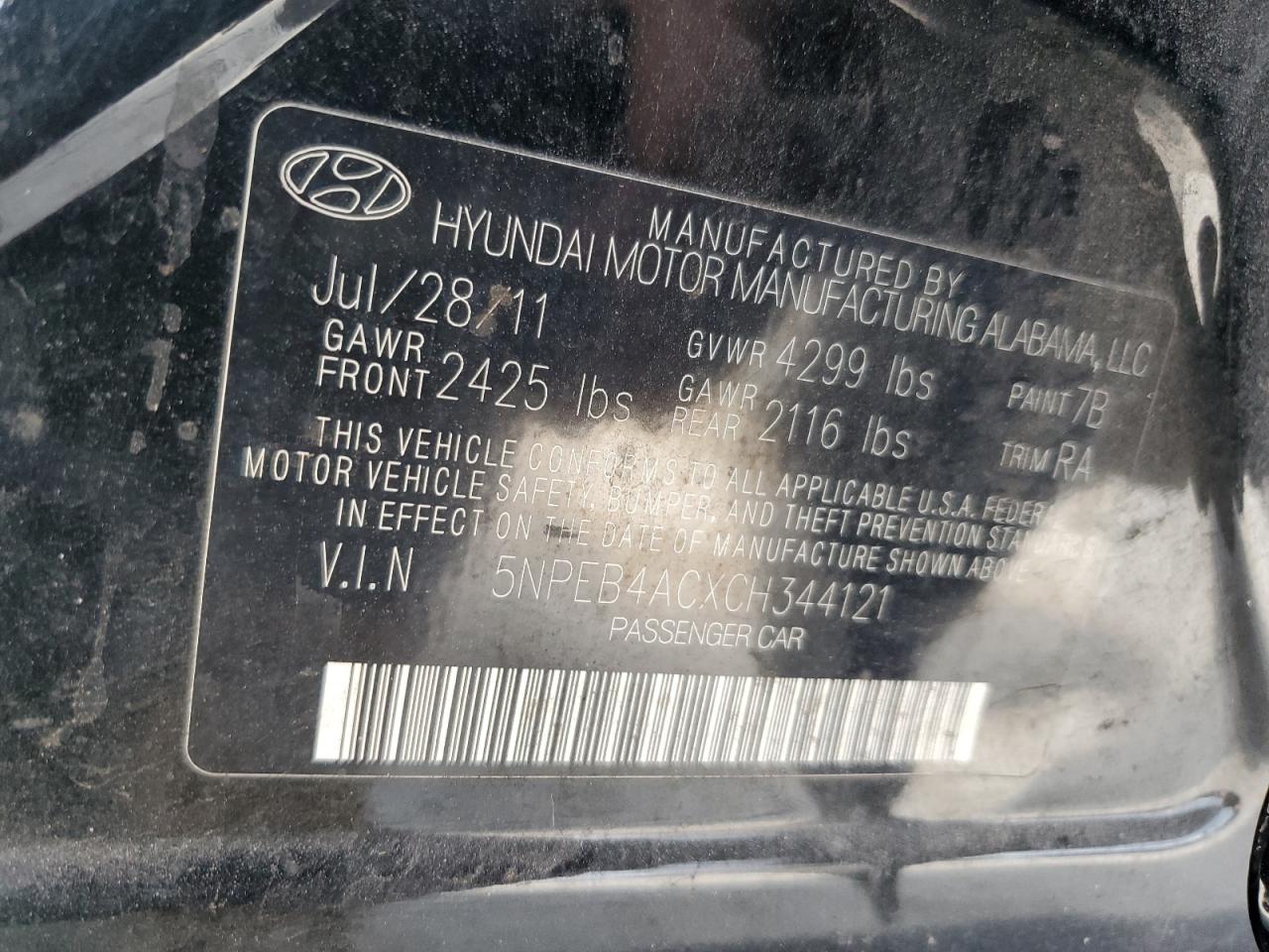 2012 Hyundai Sonata Gls VIN: 5NPEB4ACXCH344121 Lot: 72154534