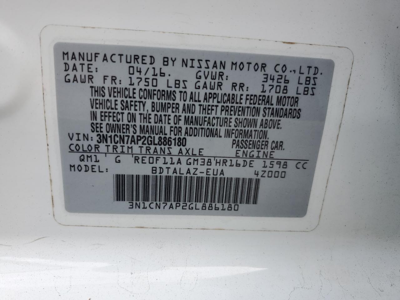 3N1CN7AP2GL886180 2016 Nissan Versa S