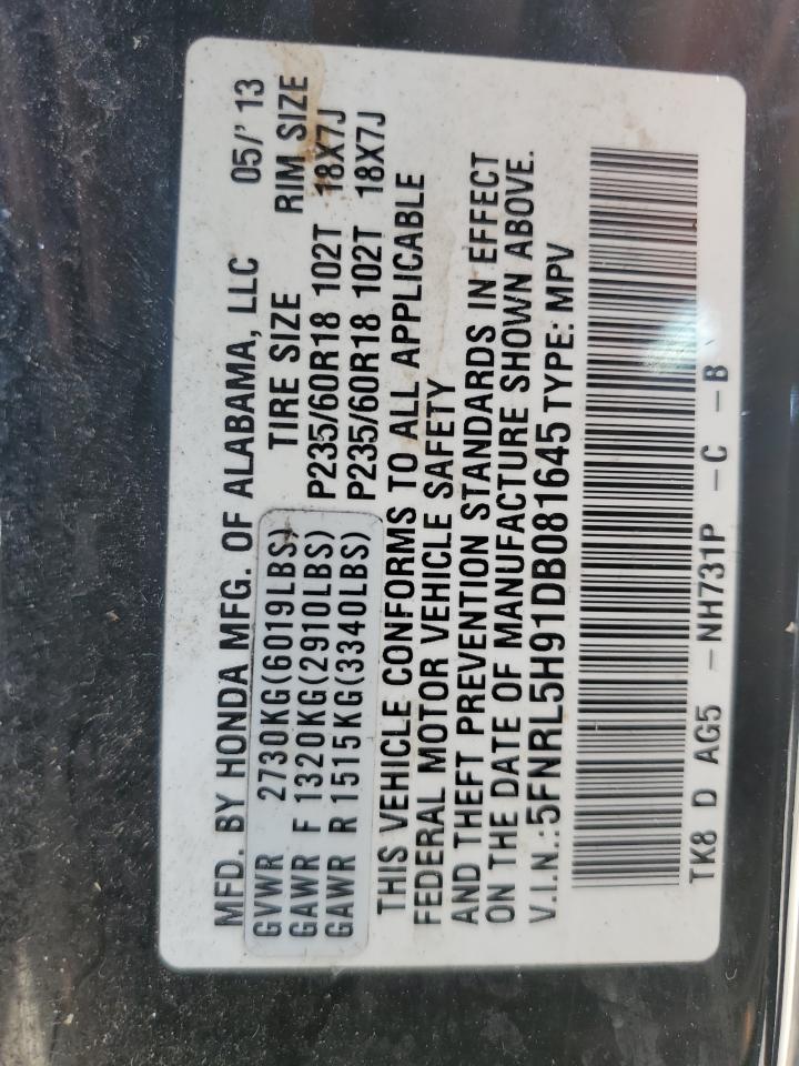 5FNRL5H91DB081645 2013 Honda Odyssey Touring