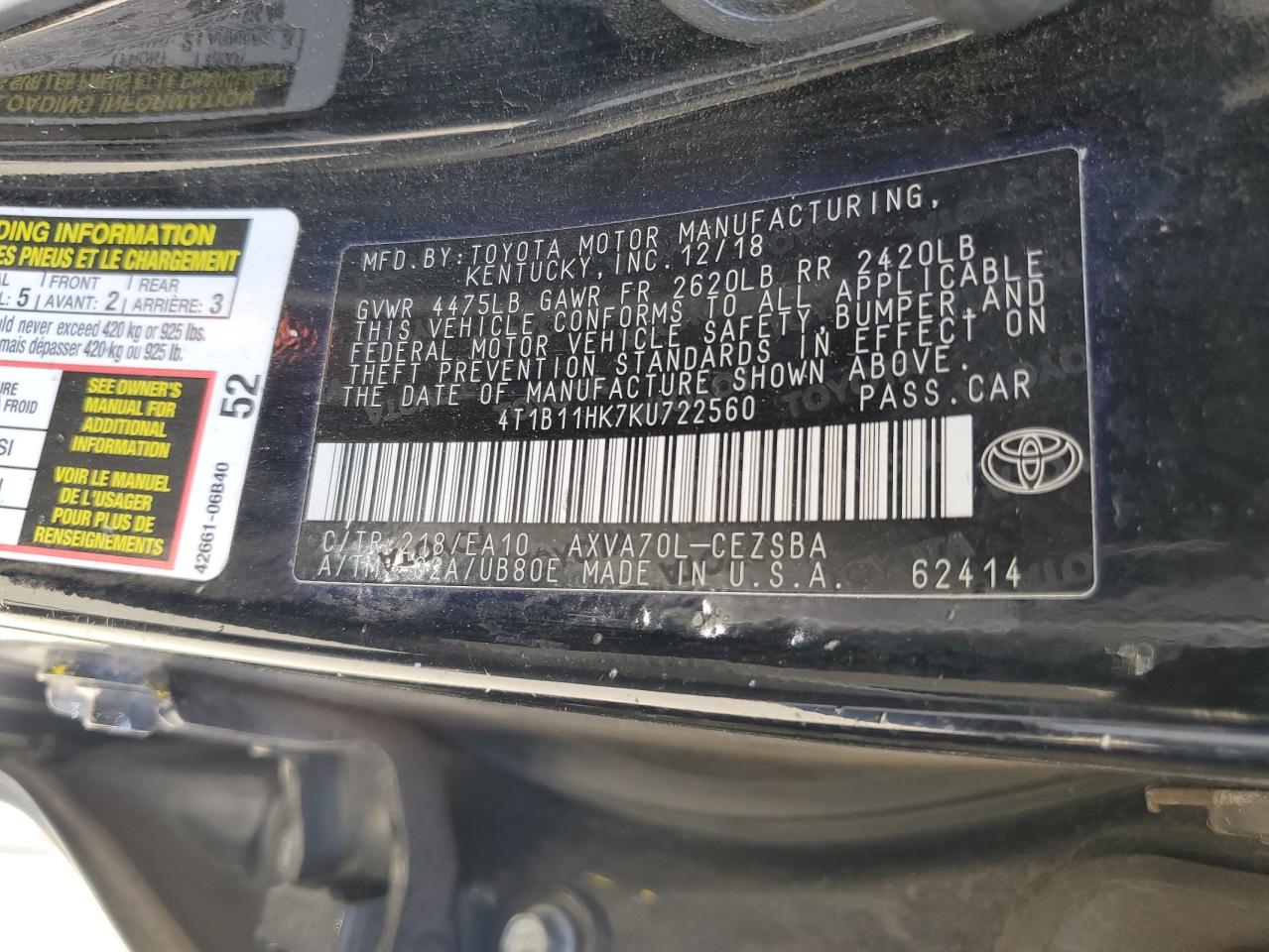 4T1B11HK7KU722560 2019 Toyota Camry L