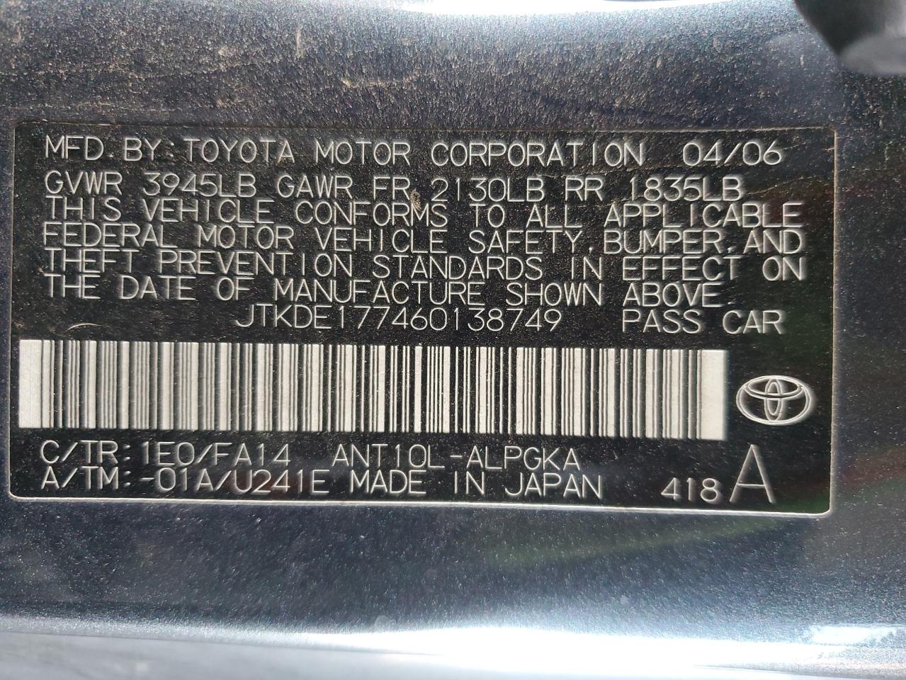 JTKDE177460138749 2006 Toyota Scion Tc